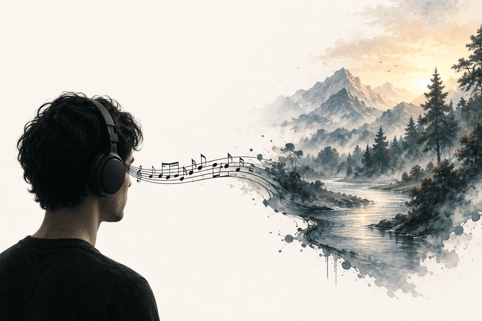 A human profile containing a cinematic landscape created by music and imagination